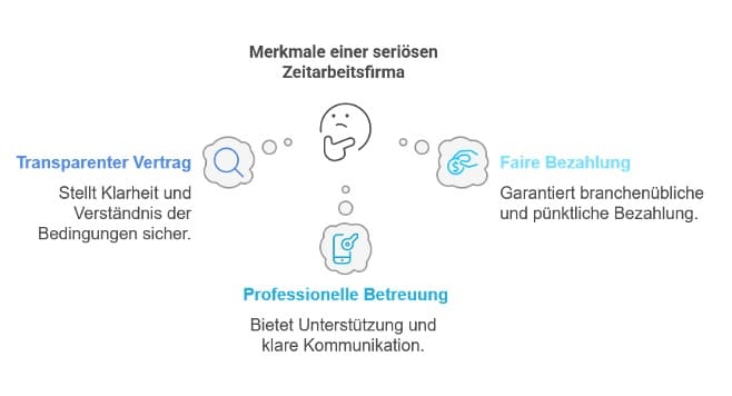 Merkmale einer seriösen Zeitarbeitsfirma: Transparenter Vertrag, Faire Bezahlung, Professionelle Betreuung